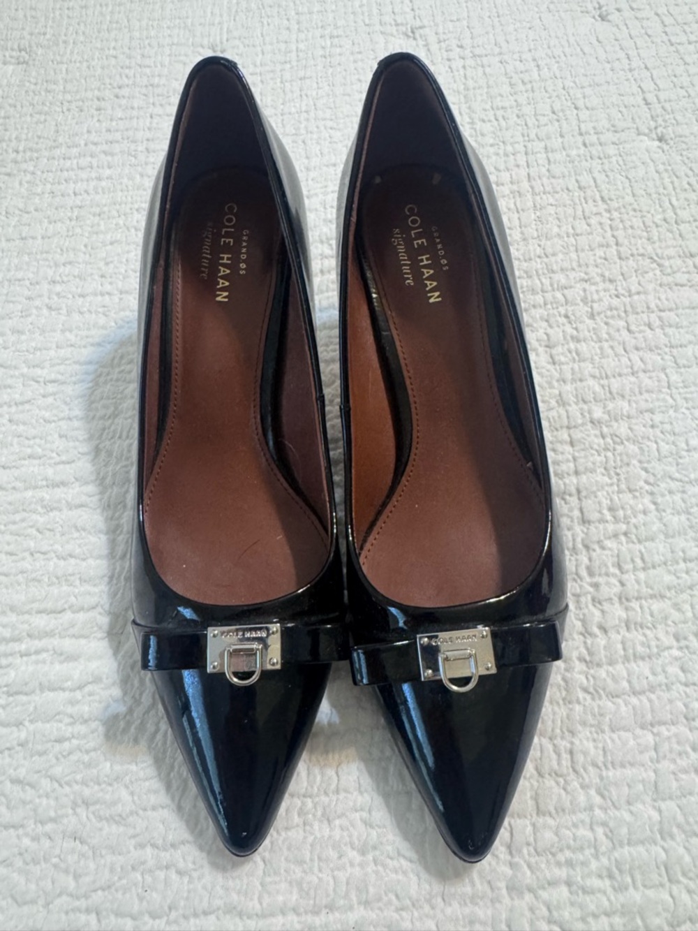 Cole Haan Black Patent Pointed Toe Flats with Buckle Accent